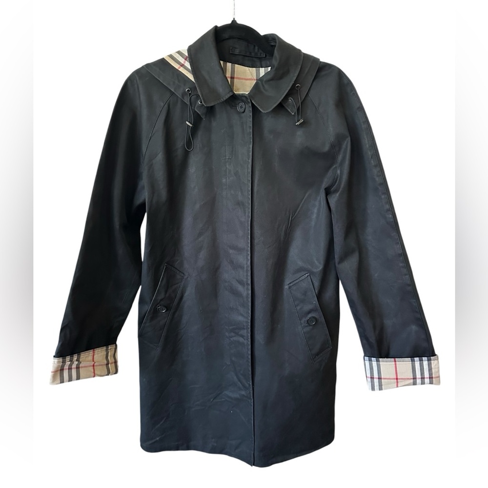 Burberry Black Coat With Signature Check Trim/ Removable Hoodies Size 12r